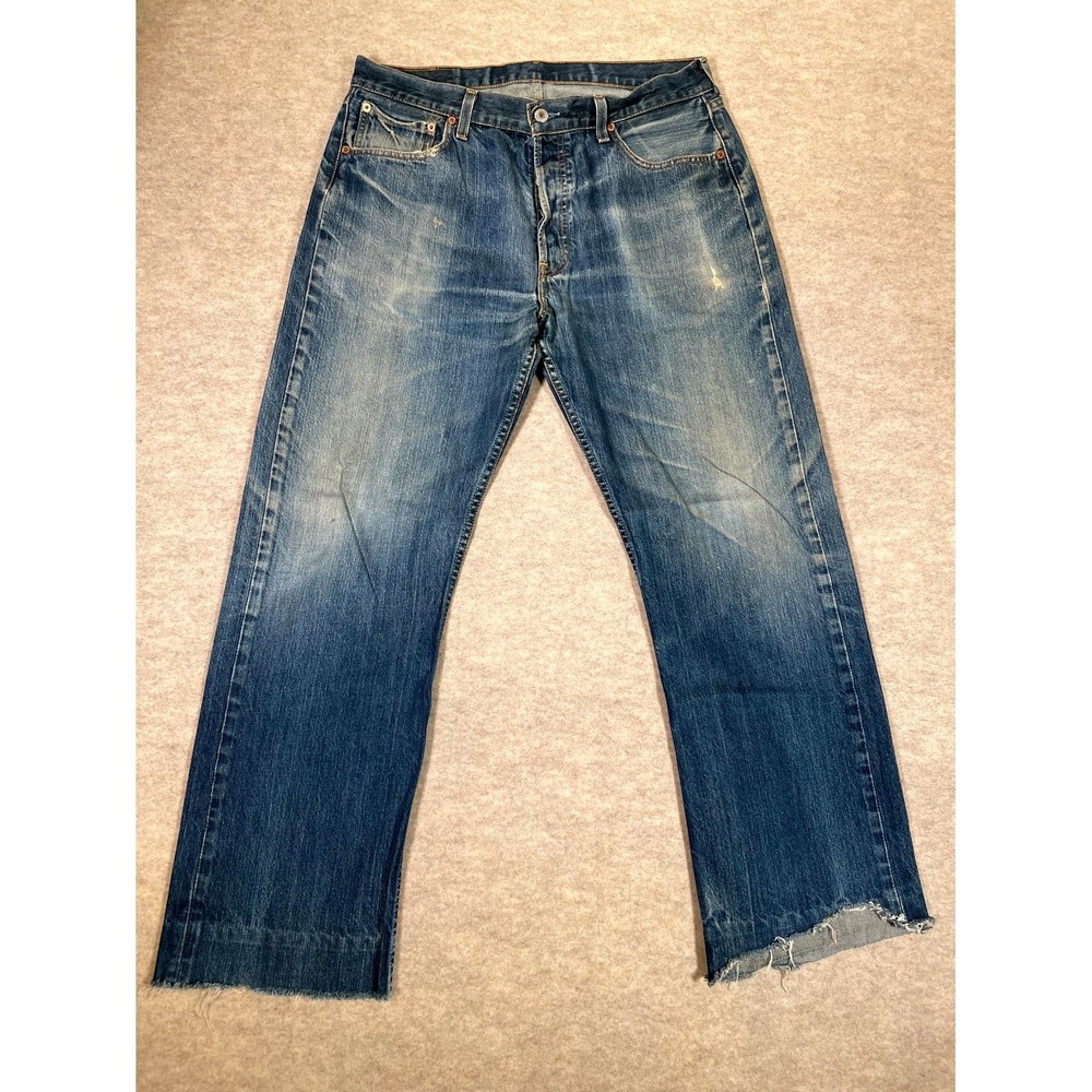 Levis 501 Original Fit Straight Jeans Mens 36x34 Blue Denim Cotton Frayed Hem